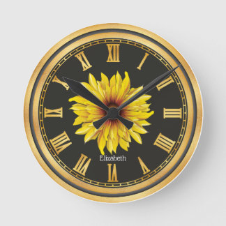 Horloge Ronde Belle tournesol Personnalisée en Or Noir
