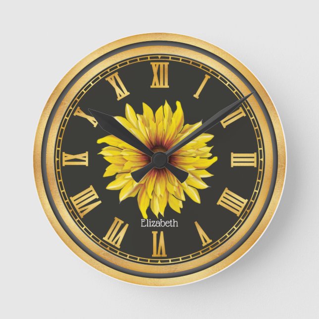 Horloge Ronde Belle tournesol Personnalisée en Or Noir (Recto)