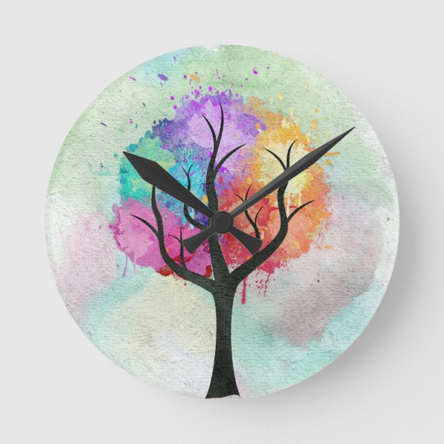 Horloge Ronde Belles couleurs pastel arbre Peinture à l'huile Ab (Recto)