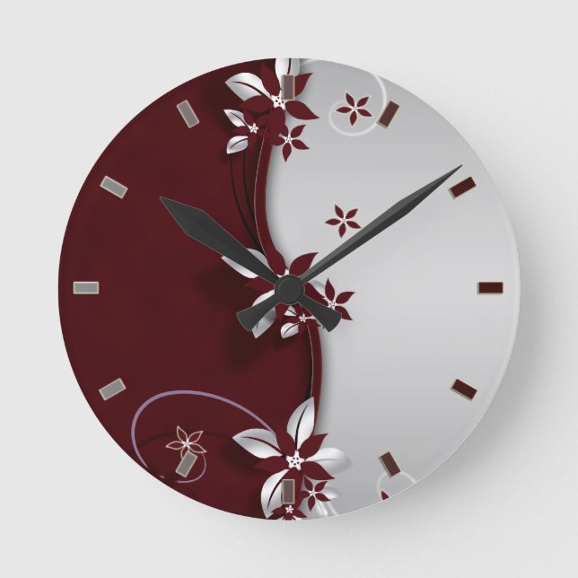 Horloge Ronde Belles fleurs de couleur rouge foncé et gris argen (Recto)