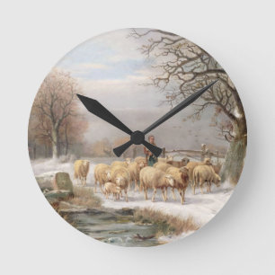Horloge Ronde Bergère avec son troupeau dans un paysage d'hiver