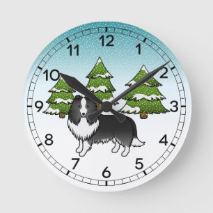 Horloge Ronde Bi-Black Shetland Sheepdog Dans une forêt hivernal