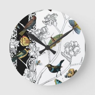 Horloge Ronde Birds and Butterfly on a Black & White Background
