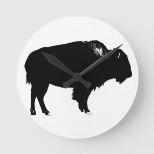 Horloge Ronde Bison noir et blanc Silhouette Pop Art