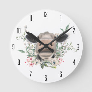 Horloge Ronde bisou de nez de vache fleurs aquarelle gris animal