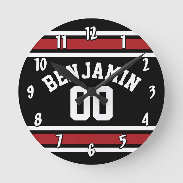 Horloge Ronde Black and Red Sports Jersey Nom personnalisé Numér (Front)