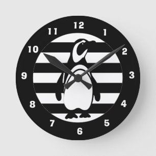 Horloge Ronde Black and White Penguin and Stripes