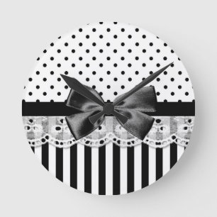 Horloge Ronde Black and White Victorian Stripes with Bow