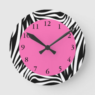 Horloge Ronde Black and White Zebra with Hot Rose