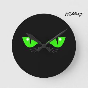 Horloge Ronde Black Cat Face Vert Yeux Whiskers Mignonne Amoureu