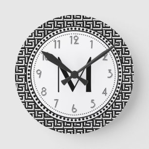 Horloge Ronde Black (homonymie)   White Greek Key Pattern monogr