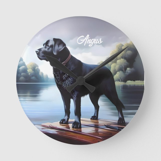 Horloge Ronde Black Labrador Retriever et le lac (Recto)