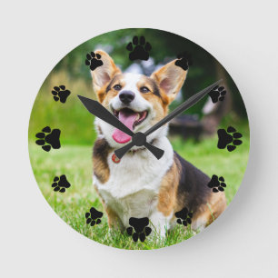 Horloge Ronde Black Paw Prints Add Your Pet Photo