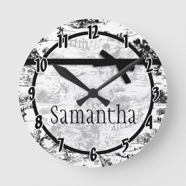 Horloge Ronde Black White French Fabric Toile Personalized Clock (Recto)