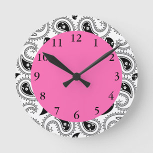Horloge Ronde Black, White, Hot Pink Paisley