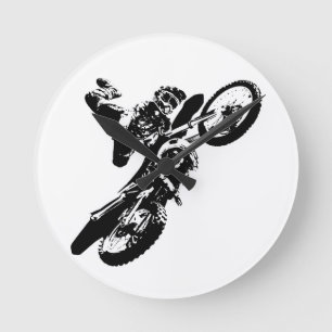 Horloge Ronde Black White Pop Art Motocross Motorcyle Sport