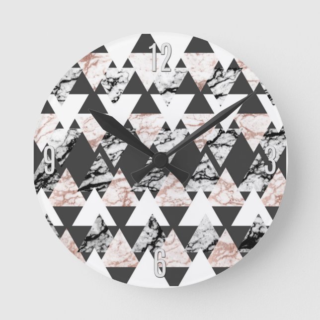 Horloge Ronde Black White Rose Gold Marble Geo Triangles (Recto)