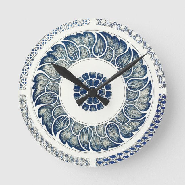 Horloge Ronde Blanc bleu Floral chinois rond (Recto)
