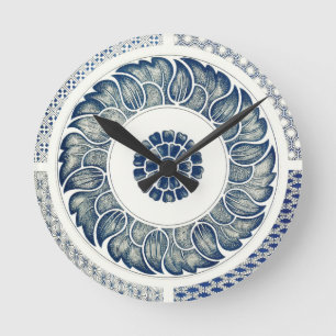 Horloge Ronde Blanc bleu Floral chinois rond