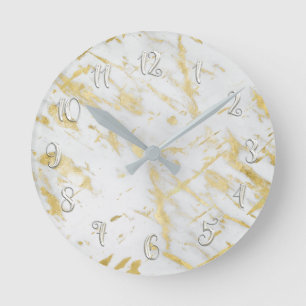 Horloge Ronde Blanc et or, marbre glam, moderne, personnalisé