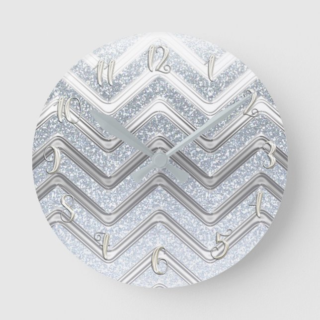 Horloge Ronde Blanc Pailleté Argent Fille Glamour Chevron (Recto)