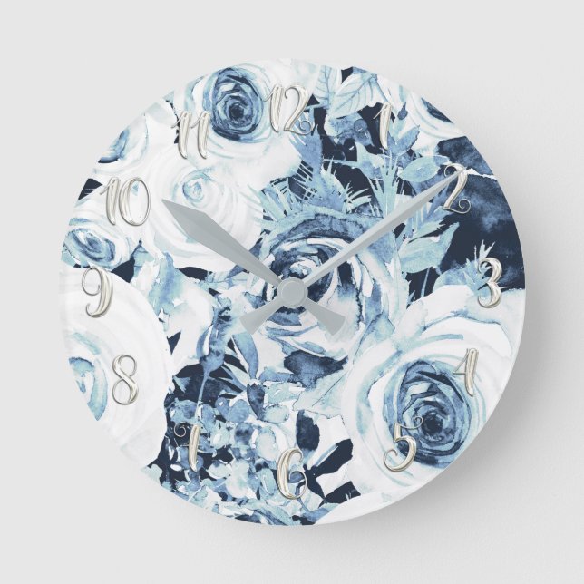 Horloge Ronde Bleu Blanc Argent Hiver Shabby Chic Roses Vintage (Recto)