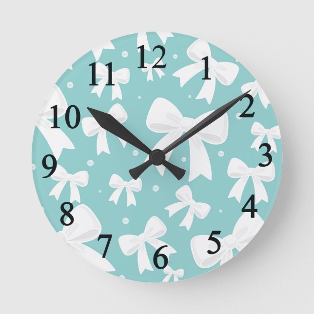 Horloge Ronde Bleu & Blanc Bows Coquette (Recto)
