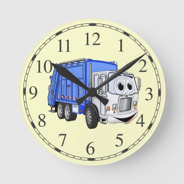 Horloge Ronde Bleu blanc poubelle caricature de camion (Recto)