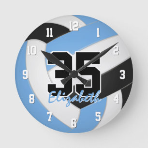 Horloge Ronde bleu clair noir fille volleyball personnalisée