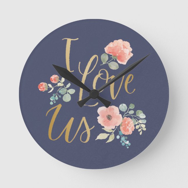 Horloge Ronde Bleu délicieux fleurissant | Je nous aime (Recto)