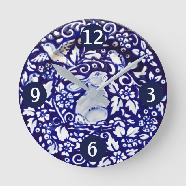Horloge Ronde Bleu et blanc Lapin Lapin Oiseau Fleur Plate de dé (Recto)