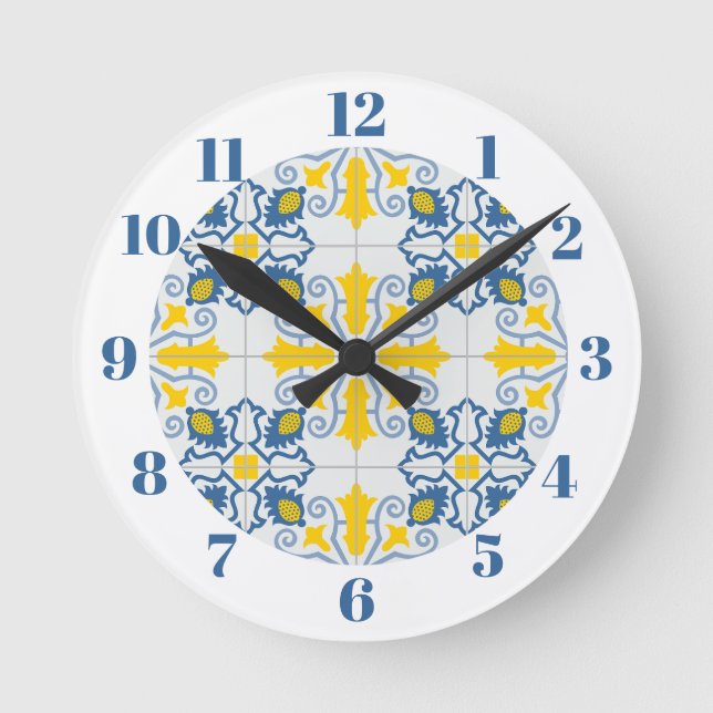 Horloge Ronde Bleu et jaune joli carrelage portugais motif (Recto)