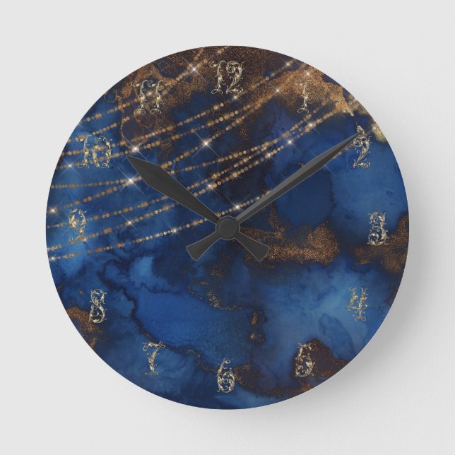 Horloge Ronde Bleu et or marbre pierre or brillant élégant (Recto)