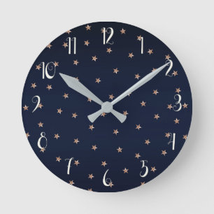Horloge Ronde Bleu foncé et rose or paillettes roses étoilées