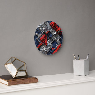 Horloge Ronde Bleu foncé Rouge vif Argent Micro Mosaïque 3D