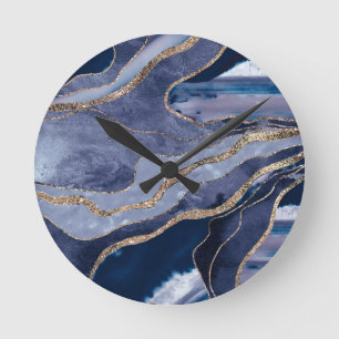 Horloge Ronde Bleu Marbre Agate Or Parties scintillant Glam #1