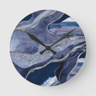 Horloge Ronde Bleu Marbre Agate Parties scintillant argent Glam 