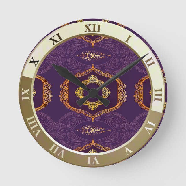 Horloge Ronde Bleu marine ou violet avec Mandalas or (Recto)