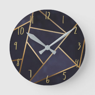 Horloge Ronde Bleu Nuit Triangles Dorés Géométrique Élégant Chic
