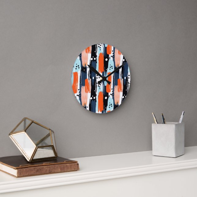 Horloge Ronde Bleu orange brosses Motif Abstrait (Bureau)