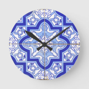 Horloge Ronde Bleu portugais et blanc de tuile