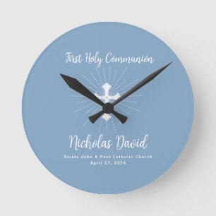 Horloge Ronde Bleu Poussiéreux Première Communion avec Croix