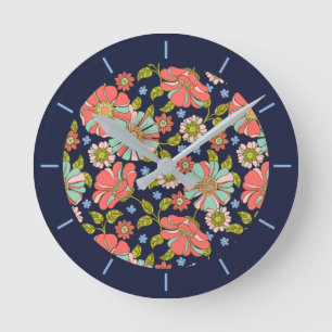 Horloge Ronde Bleu Retro les années 70 motif floral