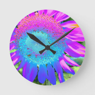 Horloge Ronde Bleu rose rétro tournesol funky photo