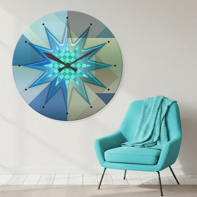 Horloge Ronde Bleu sarcelle géométrique Harlequin  (Wall clock showing a playful geometric design in teal and turquoise with a harlequin patterned star)