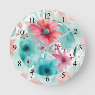 Horloge Ronde bleu turquoise Aquarelle rouge Fleurs de printemps