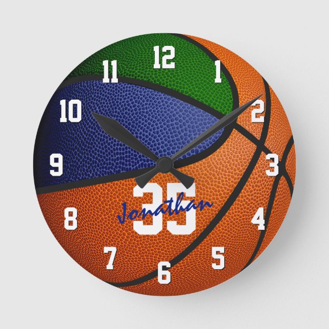 Horloge Ronde bleu vert garçons filles basketball personnalisé (Recto)