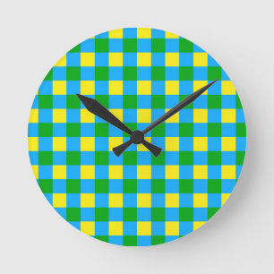 Horloge Ronde Bleu Vert Jaune Chèque Plaid Design Motif