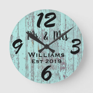 Horloge Ronde Bleu Vieilli Bois Personnalisé Rustique en Distres
