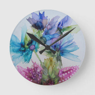 Horloge Ronde Bleu violet rose vert rose Art Floral